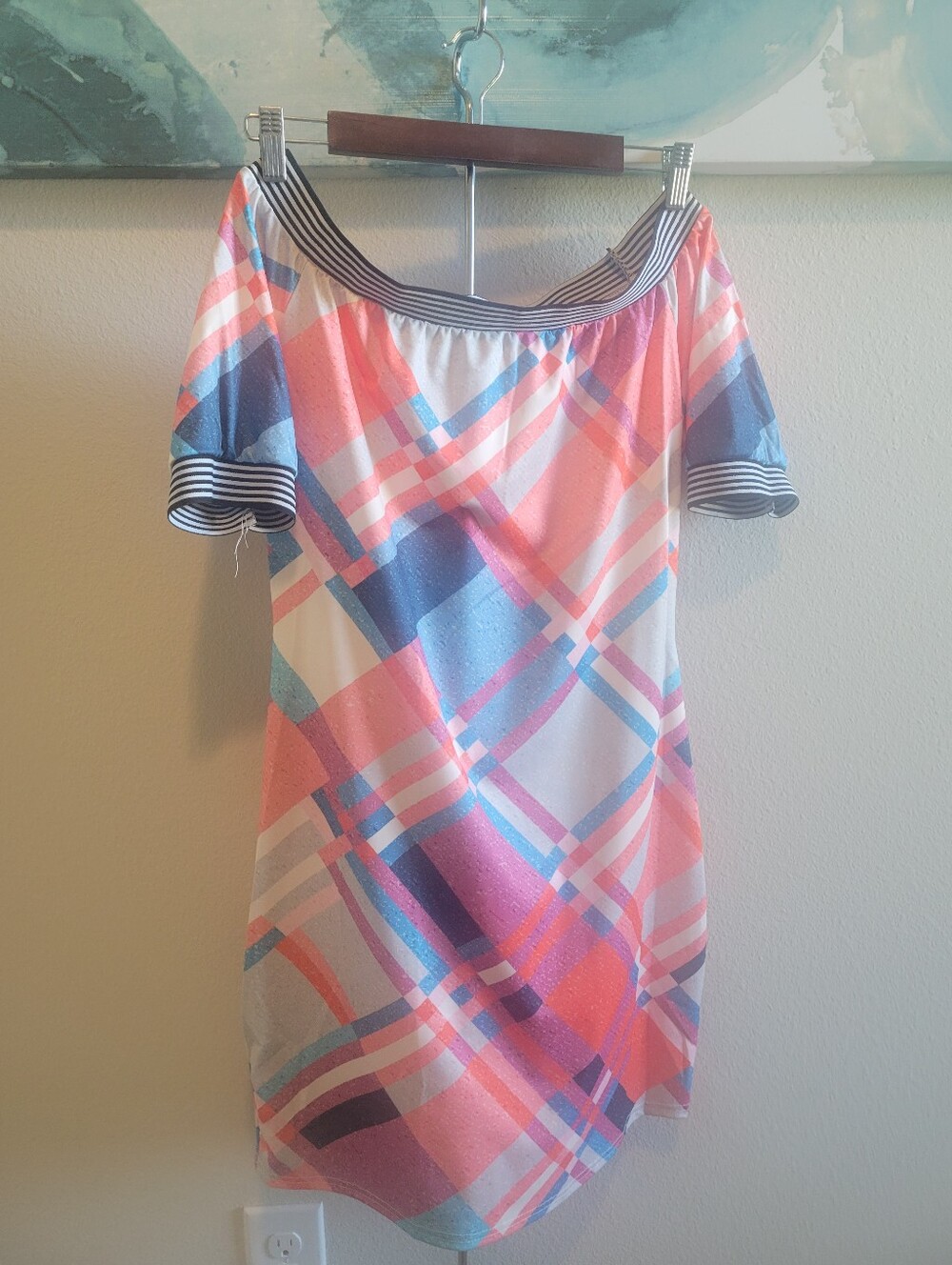 Striped Off-Shoulder Plaid Shift Dress - Coral, Blue & White